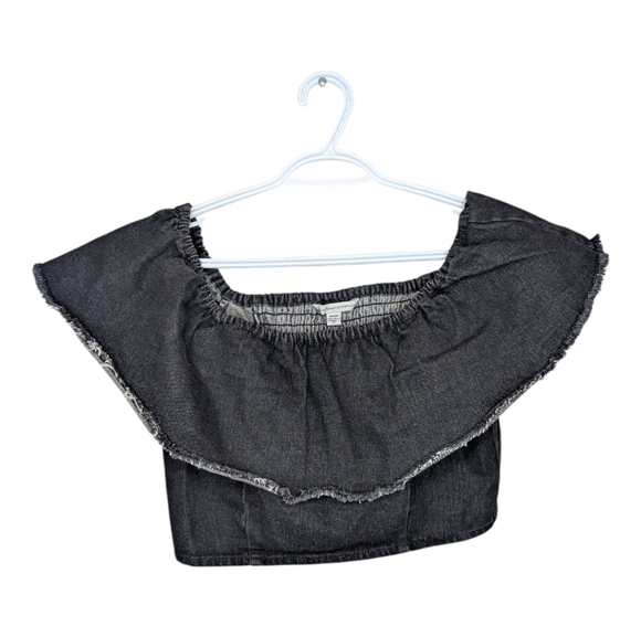 American Eagle Black Denim Fringe Cropped Top Off Shoulder Women's Medium - Picture 1 of 6